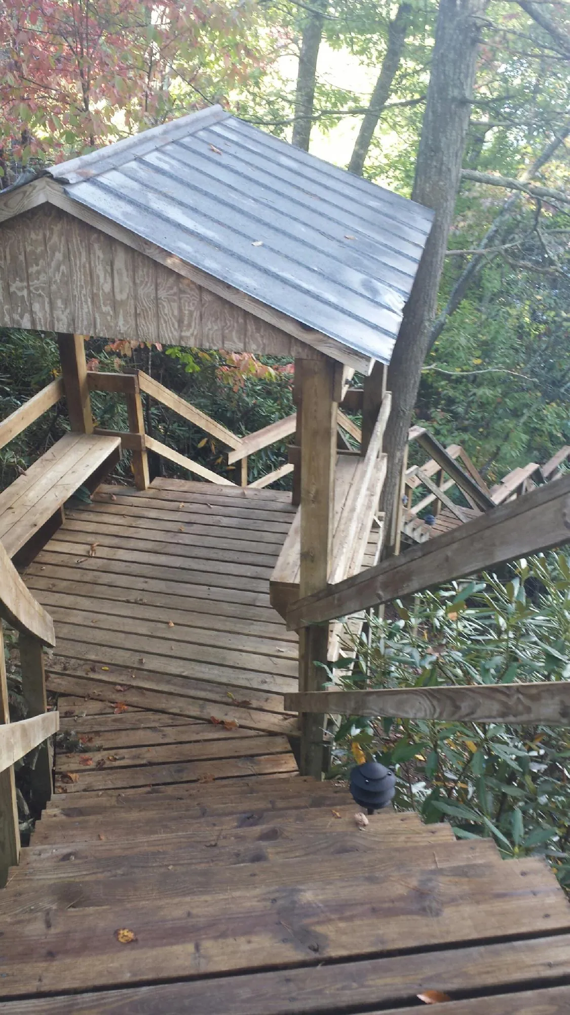 Metal roofed shelter over wooden steps on a wooded walkway — Skylight Repair & Installation work by our crew in Idledale